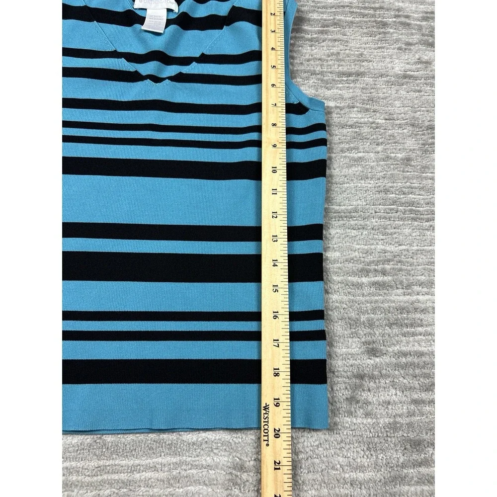Vintage Worthington Top Womens Medium Blue Black Striped V-Neck Sleeveless‎
